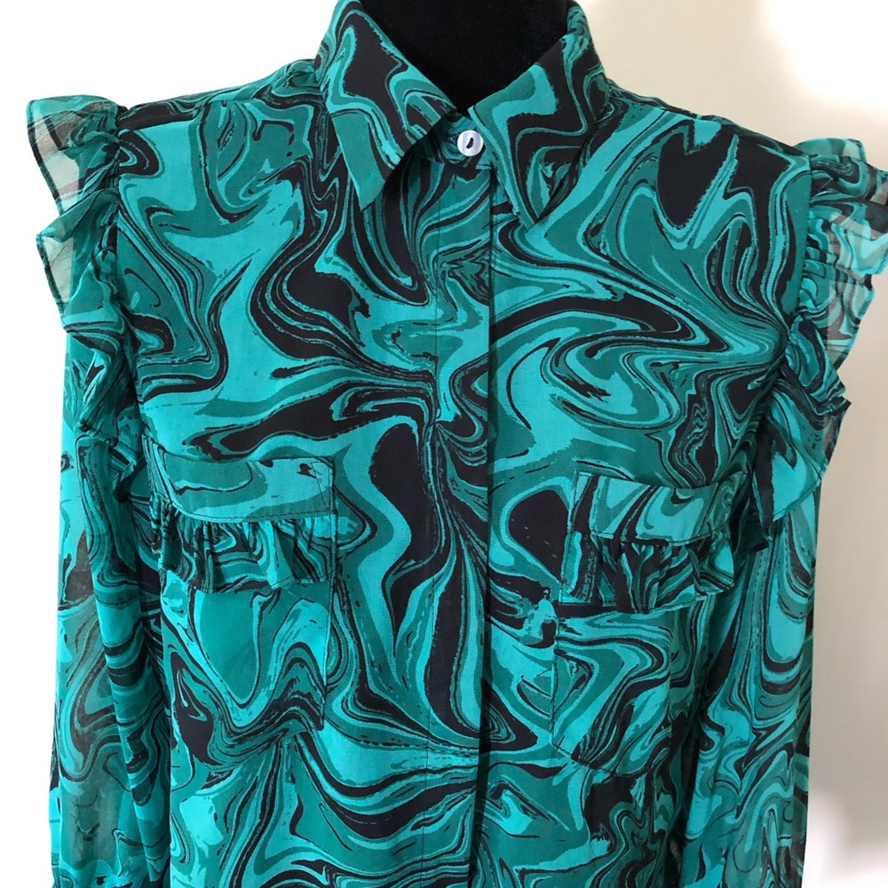 Misa LA Blouse Ruffle Sheer Green Black Anita NWT - Picture 3 of 10